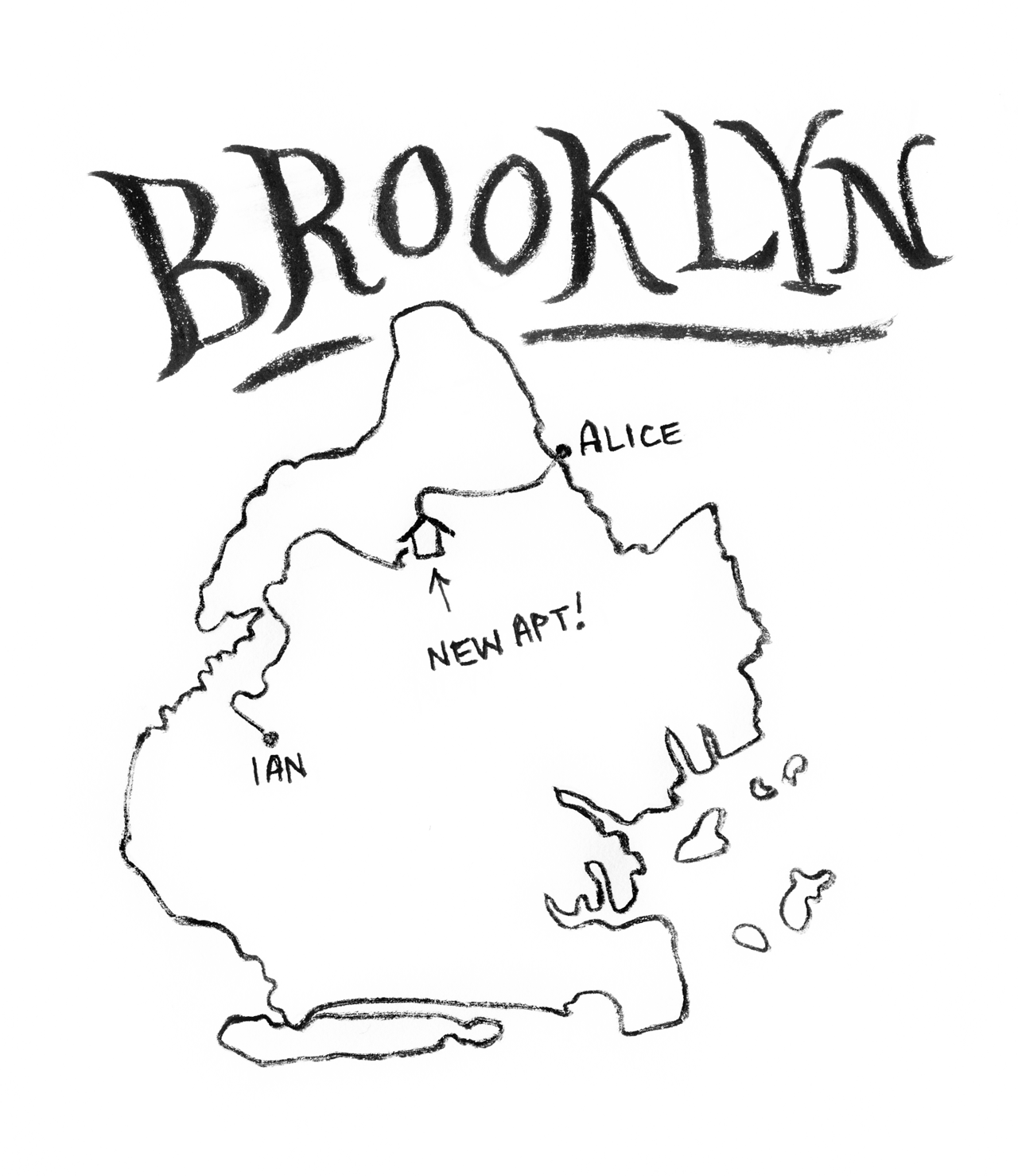 Line drawn map of Brooklyn. Twin moving vans driving from both Ridgewood and Sunset Park toward Bed-Stuy.
