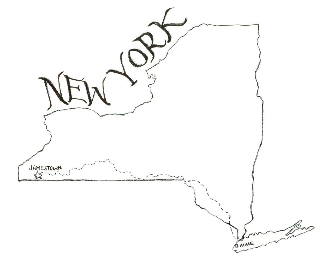 Line drawn map of New York State. A dot where we live (Brooklyn) and where we traveled to (Jamestown, NY)
